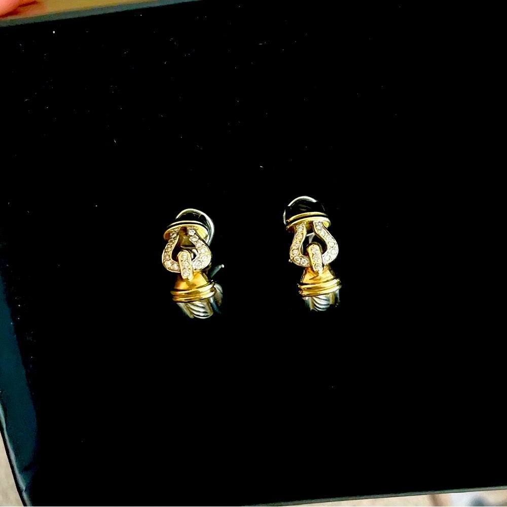 David Yurman Dimond 18K Yellow Gold & Sterling Silver Buckle Hoop Earrings